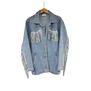Blue Ivy Oversized Fringe Denim Jacket Boho Western Barn Rodeo Ranch Womens L